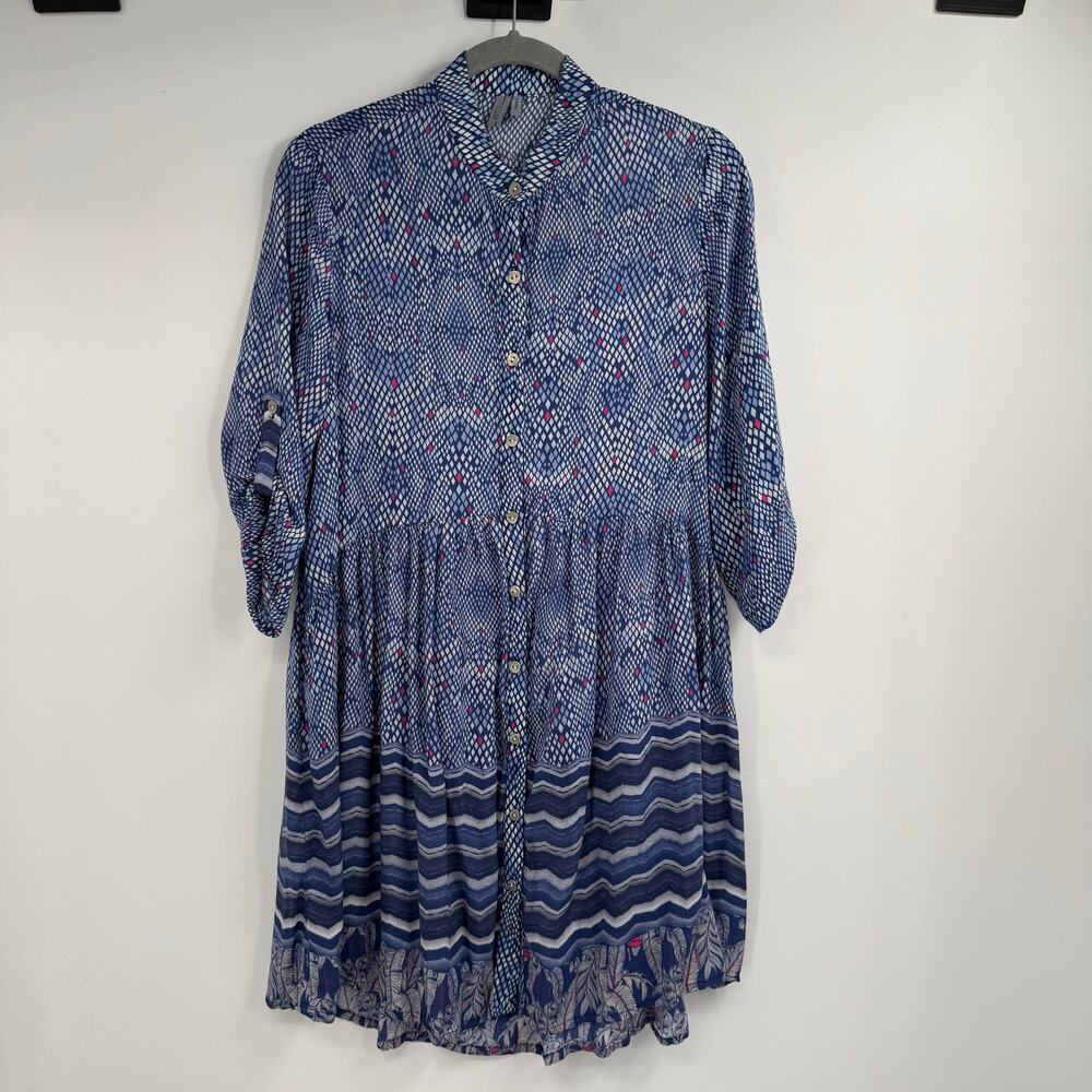 Blank London Mini Shirt Dress Womens Size XS Blue Printed Button Front Boho